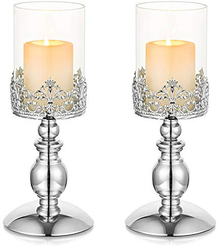 Nuptio 2 Candelabros Plata para Velas de Pilar, Candelabro de Cristal Huracán para Decoración la Habitación del Hogar Regalos Centros de Mesa Vela de 26cm Alto para Mesas Bodas Aniversario Navidad