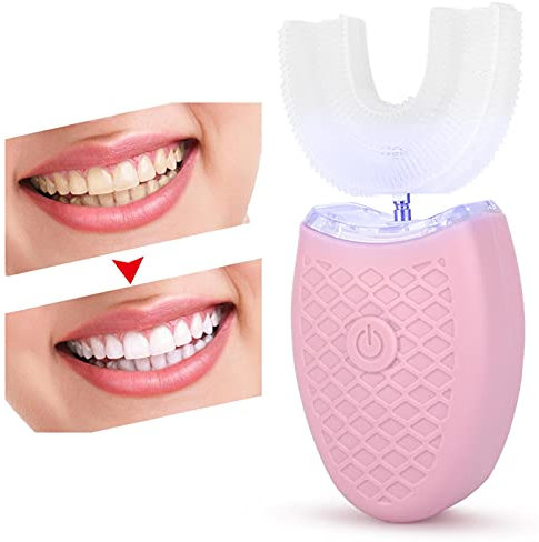 Cepillo de Dientes Ultrasónico, Cepillo de Dientes Eléctrico con Cabezal de Cepillo de Dientes en Forma de U, Dispositivo de Blanqueamiento de Dientes con Luz Fría de Carga Inalámbrica (Rosado)