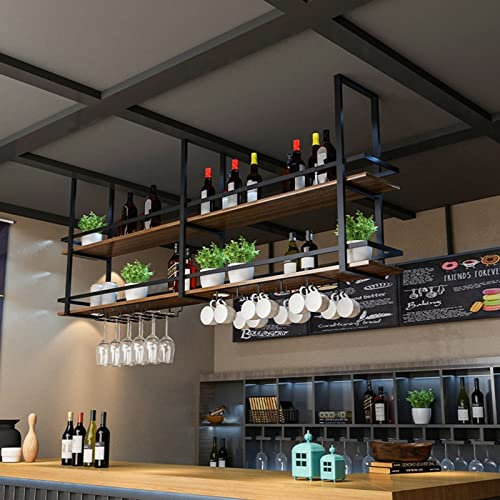 JHGJBJ Deckenregal Weinregal - Hängend Weinglasregal mit Glashalter, 2 Schicht industrielle hängende Weinflaschenhalter, Wein Lagerung Display Regal für Home Bar Esszimmer Küche