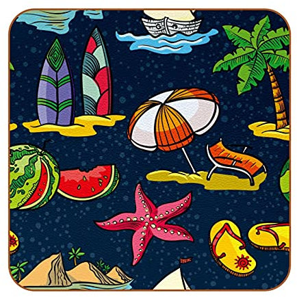 Quadratische Untersetzer für Getränke, Sommer, Strand, Surfbrett, Seestern, Wassermelonen-Druck, Lederbecher, Matte für Holz, Glas, Möbel, Kaffee, Tisch, Schutz, 6 Stück