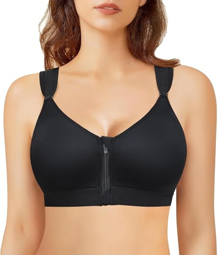 Bafully Damen Postoperativer Halt Sport BH Vorderverschluss Racerback Abnehmbar Gepolsterter BH(Schwarz, M)