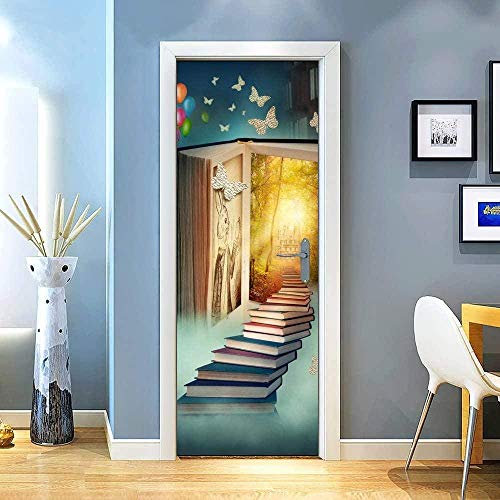 Türaufkleber Selbstklebende Türtapete -3D Buch Treppe Schmetterlingswald 90X200Cm Fototapete Türfolie Poster Art Tapete Wasserdicht Abnehmbare Wandaufkleber Für Schlafzimmer Haus Bad Deko