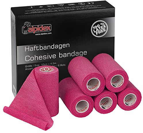 ALPIDEX 6 Rotoli Benda Adesiva 10 cm x 4,5 m Molti Colori Bendaggio Coesivo Fasciatura Personi Animali Garza Elastica Autoadesivo Cavalli Cani Umani, Colore:rosa fucsia