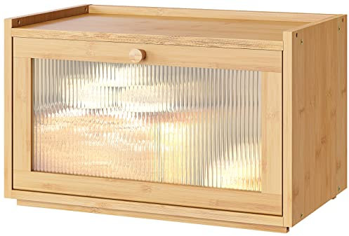 kiplant Large Bread Box for Kitchen Counter, Bamboo Bread Storage Container with Wavy Arcylic Transparent Door, Bamboo Wooden Farmhouse Bread Box for Your House