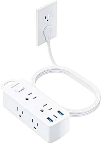 Power Strip Surge Protector, Olcorife Ultra Thin Flat Plug Extension Cord 5ft, 6 Outlets 3 USB Ports(1 USB C), 3 Sided Outlet Extender for Home Office Travel Dorm Room Essentials, White