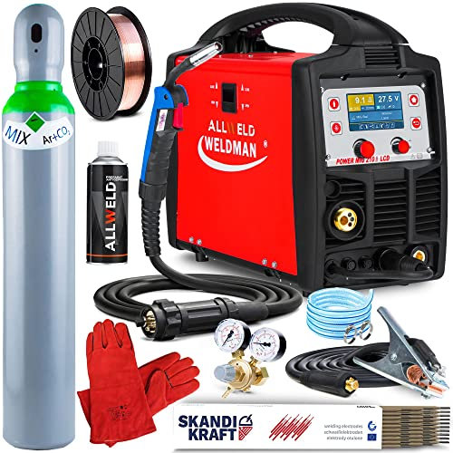 POWER MIG 210 LCD - 200 A Schutzgasschweißgerät - Volle Synergie - MIG, WIG, MMA - Punktschweißen, Lötschweißen - Pre Flow und Post Flow - 4-Rollen Drahtvorschub, Job-Speicher, Set: Professional