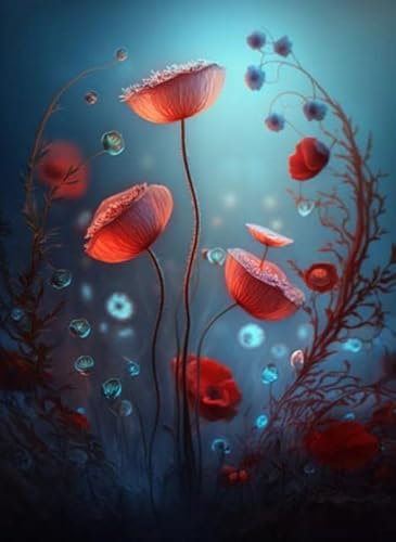 adrium Acryl-Bild 80 x 110 cm: schöne wiese magisch von roten mohnblumen in blauem licht und nebel (200366997)