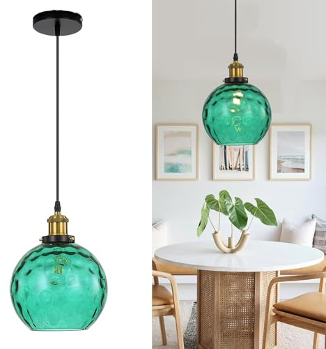HJXDtech Industrielle Vintage Pendelleuchte mit 20cm Buntem Glaskugel Lampenschirm in Wasserwellen, Antike Bronze E27 Loft Bar Deckenleuchte Hängelampe (Grün)