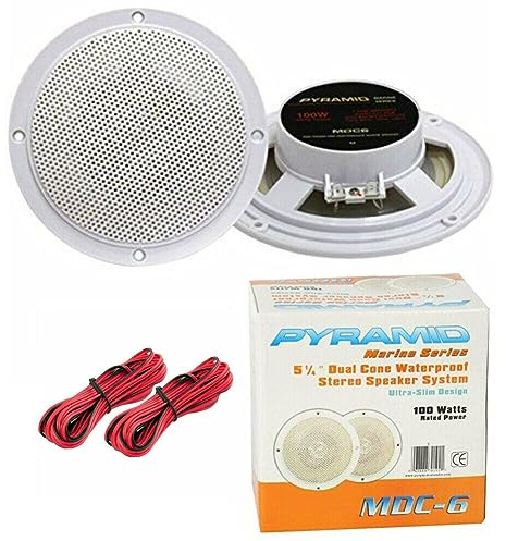 KIT Set FÜR Pyramid MDC6 2 weiße Doppelkonus-Lautsprecher 50 Watt RMS 100 Watt max 15,3 cm 153 mm wasserdicht Pool Boot Restaurant Hotel, paarweise, Installationskabel inklusive