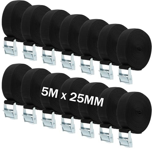 HAKZEON Zurrgurte, 5 m x 25 mm, verstellbar, strapazierfähig, Spanngurte, Spanngurte, Nockenschnalle, Spanngurte für Fahrradträger, Fracht, Anhänger, Auto, Gepäck, Schwarz, 14 Stück