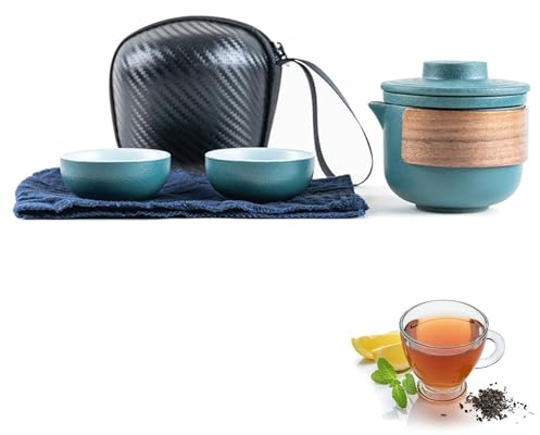 Mini Ensemble de Théière de Voyage en Céramique, Théière Chinoise Kung Fu Service à Thé de Voyage Portable Anti-brûlure Avec Infuseur à Thé Service à Thé Avec Sac Portable (Vert-2 Tasses)