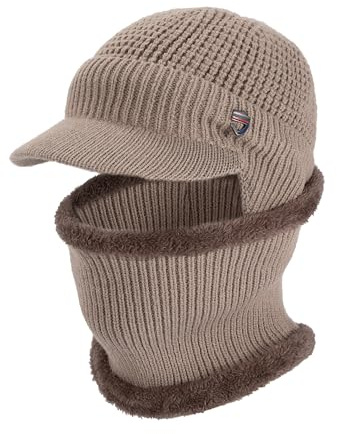 Heveer Herren Wintermütze Loop Schal Set Warme Strickmütze mit Krempe Weichem Gefüttert Ohrenschützer Hut für Outdoor Khaki