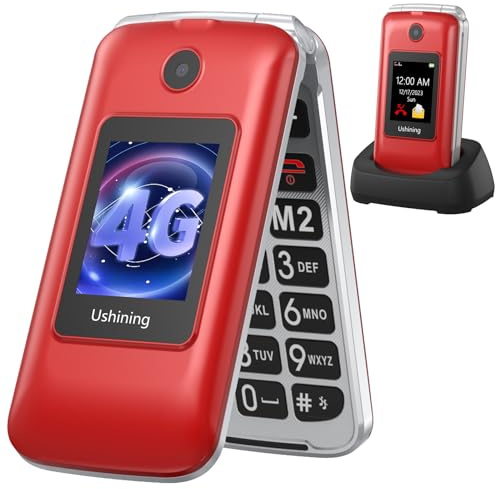 USHINING Telefono Cellulare Anziani 4G, Cellulare per Anziani Tasti Grandi a Conchiglia con Doppio Schermo da 2,8 e 1,77 Pollici Volume Alto Pulsante SOS Base di Ricarica Chiamata Rapida Sveglia,Rosso
