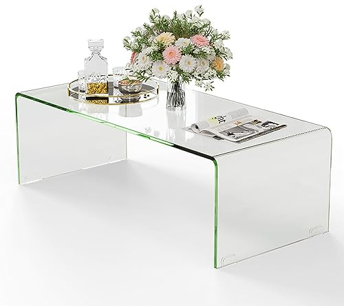 ReunionG Glass Coffee Table, Modern Clear Coffee Table with Rounded Edges, Transparent Tempered Glass Coffee Table, U-Shaped Side Table for Living Room Office, 42.5 x 20 x 14 (L x W x H)