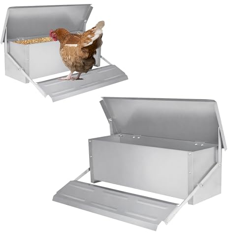 SUBTLETY 10kg Futterautomat Hühner mit Wasserfest Deckel und Selbstöffnend Pedal Automatischer Futterspender aus Verzinkter Stah Rattensicher Futtertrog Hähnchen Feeder für Hühner Enten Gänsen Tauben