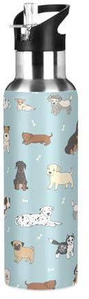 Ksajwzf Dogs Insulated Water Bottle Stainless Steel Kids Sport Thermos Jug with Straw Lid Animal Puppy Dogs Water Flask Leakproof Thermos Bottle for Bike Running Walking Outdoor 20 Oz