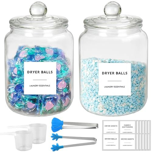 YlYADl - Barattoli per bucato, 2 x 2 litri, in vetro con coperchio, ermetici e adesivi, per bucato, per farina, pasta
