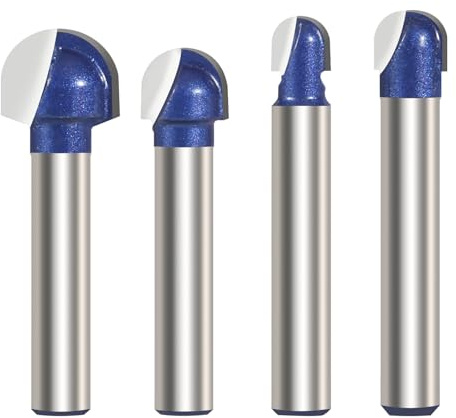 Vearter 4Tlg Rund Nase Cove Core Box Fräser 6,35mm Schaft Oberfräse Zubehör, Holzbearbeitung Fräser Set Oberfräser Hohlkehlfräser Kugelfräser Radiusfräser Schnittdurchmesser 6,35mm/8mm/9,5mm/12,7mm