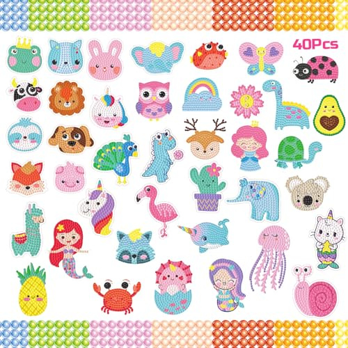 CAYUDEN Diamond Painting Aufkleber, 40pcs DIY Diamond Painting Stickers für Kinder 5D Diamant Kinder Aufkleber Set Mosaik Diamant Painting Kits Aufkleber Kit Diamant Selbstklebende für Jungen Mädchen