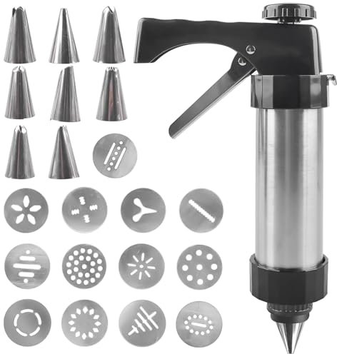 Pressa per pasticceria, pressa per pasticceria, in acciaio inox, pressa per pasticceria, pressa con 13 stencil e 8 beccucci, siringa per dolci e biscotti