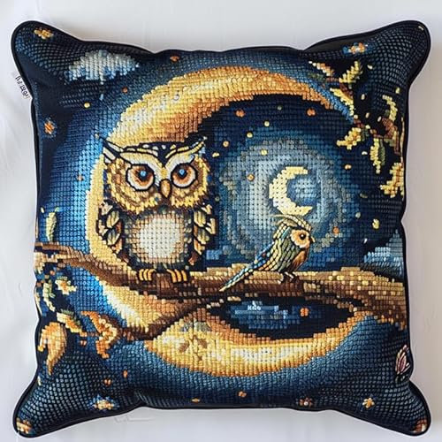 WallustrioaW Eule und Mond Kreuzstichkissen,Cartoon-Nachtszene,Kreuzstickpackung vorgedruckt Sticksets Für Erwachsene,Anfänger,45x45cm Kreuzstichkissen/Stickkissen-Set