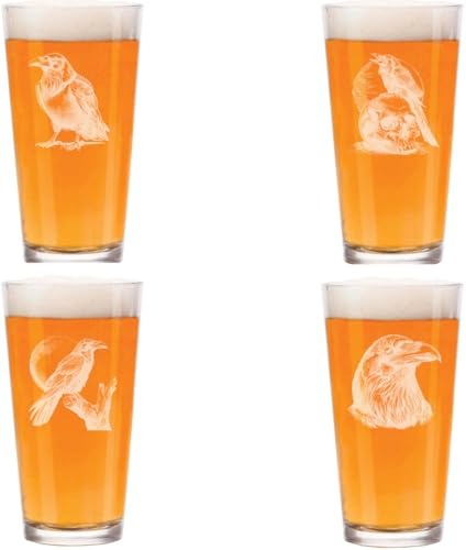 16 oz Beer Pint Glass Gift Set Of 4 Crow Skull Raven Moon Horror Collection