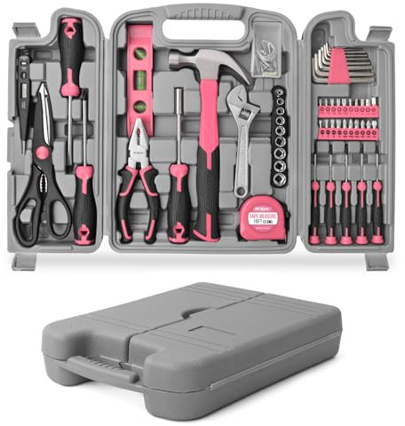 54pc Tool Set General Household Toolkit with Toolbox Storage Case | Pink Home & Office DIY Tool Kit Set, Essential Hand Tools Included for Basic Repairs, Maintenance & Home Improvement Projects