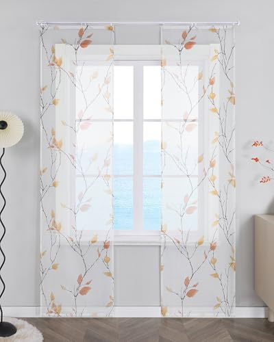 ESLIR Schiebegardinen Set 2er Flächenvorhänge Gardinen mit Klettband Schiebevorhang Transparent Vorhang mit Blätterdruckmuster Landhaus Orange BxH 57x175 cm 2 Stück
