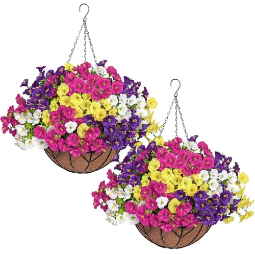 ASTNIC 2Pcs Artificial Hanging Baskets Outdoor Artificial Flowers Mix4Color | Faux Eucalyptus Morning Glory Fake Hanging Plant Spring Silk Flowers DIY Chain Hanging Basket for Garden Ornaments Outdoor