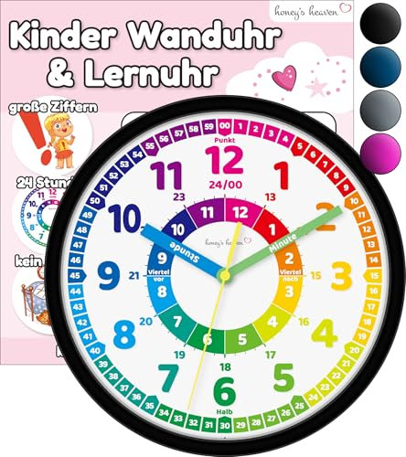 Honey's Heaven Wanduhr für Kinder - Lernuhr zum Lernen der Uhrzeit - analoge Kinderuhr ohne Tick Geräusche, mit lautlosem Uhrwerk - Kinderzimmer Deko für Jungen und Mädchen (schwarz)