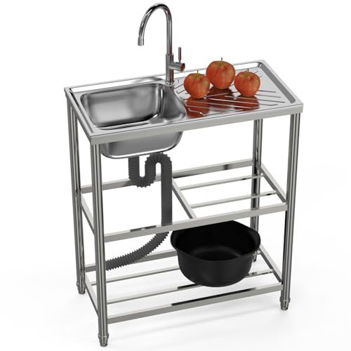 Commercial Stainless Steel Freestanding Single Bowl Utility Sink Unit with Tap for Outdoor Garden Kitchen Bar