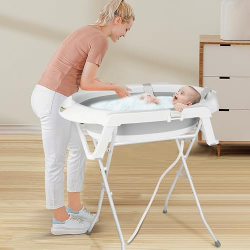 Babybadewanne mit Ständer 84,5 cm, Babybadewanne auf Fuß, sicher und bequem, faltbare Babywanne mit Thermometer und Badewannenkissen (63 x 60 x 84,5 cm, grau)