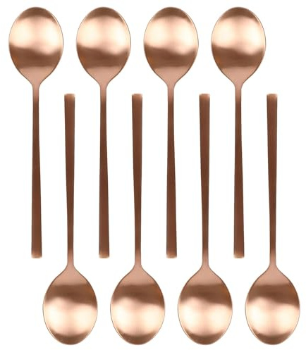 Argon Tableware 8 Stainless Steel Dessert Spoons – 20cm Copper Finish Modern Cutlery Set for Dining, Puddings & Desserts – Stylish Dishwasher Safe Tableware