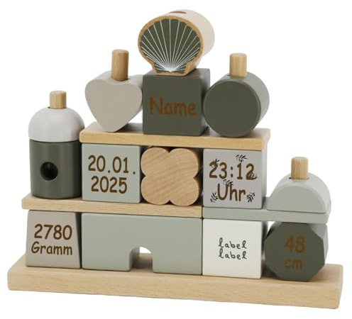 Steckspiel Haus personalisierbar mit Name und Geburtsdaten Baby Geschenk mit Gravur (Oliv)