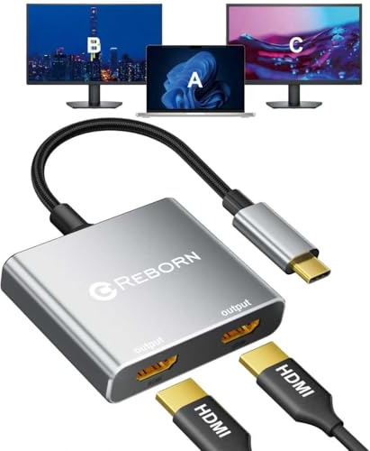 USB C to Dual HDMI Adapter | 4K@60Hz HDMI Splitter Extended Display for Dual Monitors, Type C Converter for Windows/macOS, Windows Allows 3 Separate Screens, macOS Only Allows Mirror Mode