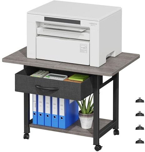 Druckertisch mit Rollen 56x38cm - Mobiler Druckerständer mit Schublade | 56x38cm | Mobile Nutzung | Schublade+2 Offene Fächer | 4 Rollen (2 Bremsbar) | Bis 40kg | Grau| Einfache Montage