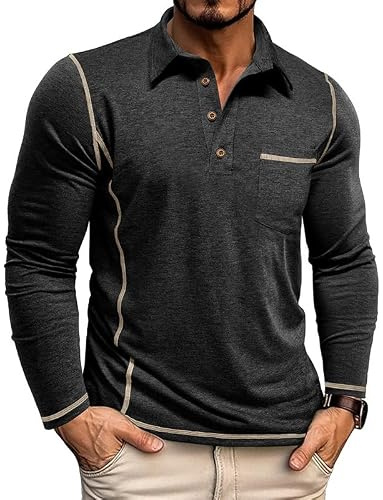 Volemo Mens Long Sleeve Polo Shirts Cotton T-Shirts with Pocket | Soft Breathable, Contrast Stitching, Stretch Fabric, Chest Patch Pocket, Smart Casual Golf Tops, Regular Fit, S-3XL