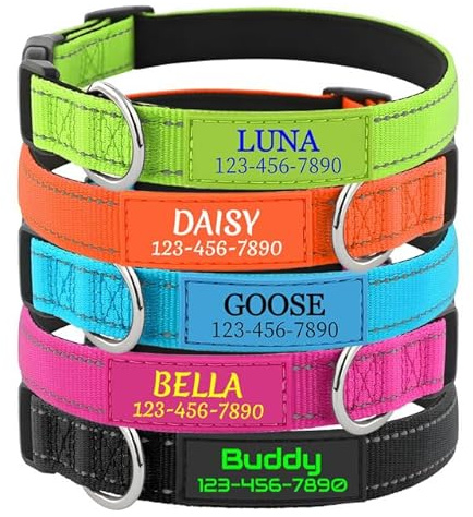 Personalisierte Hundehalsband mit Namen, Silikon ID Hundemarke, Verstellbarer Reflektierend Weich Gepolstertes Komforthalsband aus Nylon, für Kleine, Mittel, Große Hunde
