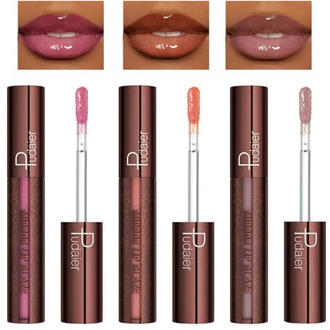 3 Farben Mirror Lip Tint Set, 3 in 1 Ultra Feuchtigkeitsspendender Lipgloss, Wangenrouge & Glänzender Lidschatten, Spiegel Flüssige Lippenstifte Hellen Koreanischen Aufpolsternden Lippenstift Auf