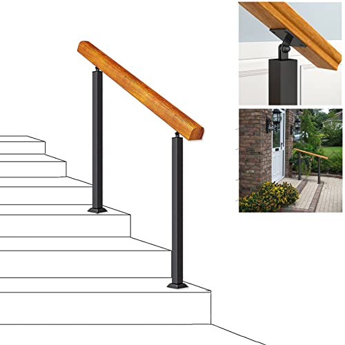 Kit de barandilla de escalera de hierro forjado para 14 escalones, pasamanos duradero para porche delantero, hogar, jardín y terraza, diseño de madera y doble poste para un mejor apoyo