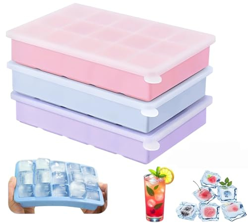 3 Packs Ice Cube Tray with Lid, 45 Cubes Ice Cube Trays, Silicone Ice Cube Trays Reusable and BPA Free for Whiskey, Cocktail, Drinks, Freezer, Souper(Pink, Blue, Purple)