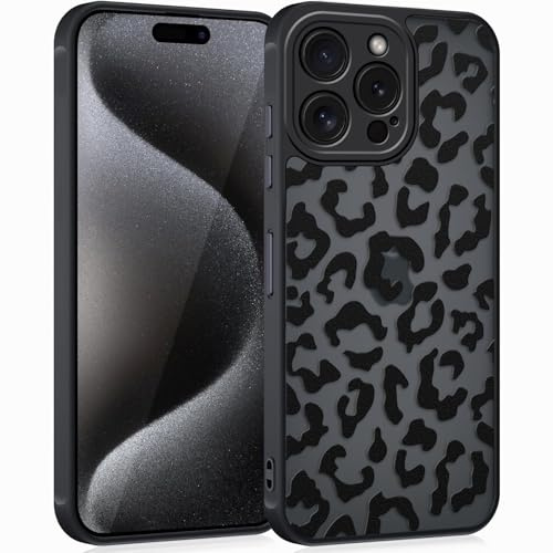 Coqinen Handyhülle für iPhone 15 Pro Max Hülle, Matt Transluzente Case mit Stilvolle Leopard Muster, Silikon Aesthetic Schutzhülle mit Kratzfeste PC Rückseite + Stoßfest TPU Bumper - Schwarz