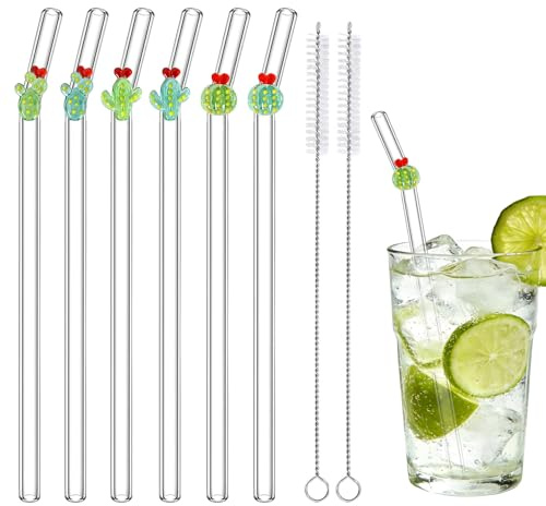 6 cannucce riutilizzabili in vetro con design colorato a forma di cactus, 20 cm, cannucce piegate in vetro trasparente con 2 spazzole per la pulizia, per bevande, feste, frullati, frappè, succhi