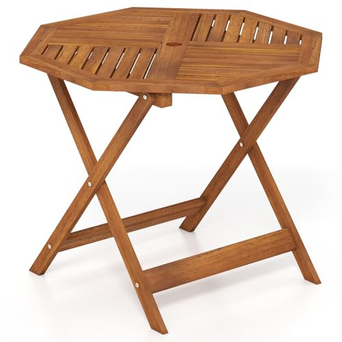COSTWAY 90cm Outdoor Dining Table, Solid Wood Garden Table with Umbrella Hole, Slatted Tabletop & Teak Oil Finish, Octagon Side Patio Tables for Poolside Backyard Deck