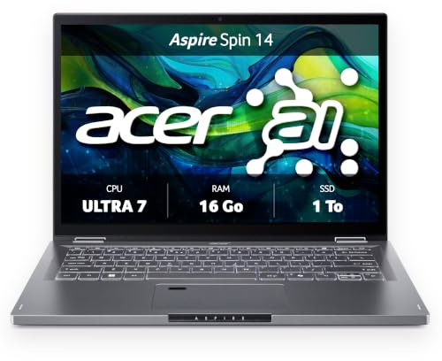 Acer Aspire Spin 14 | PC Portable Convertible | Core Ultra 7 | 16Go/1To | 14 WUXGA IPS tactile 60Hz | Core Ultra 7 155U | 16Go RAM | SSD 1To | Windows 11 Home | AZERTY rétroéclairé