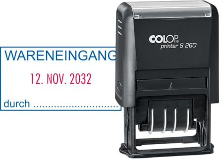 COLOP WARENEINGANG Stempel mit Datum – selbstfärbend – zweifarbiger Abdruck (Datum rot/Text blau) – Printer S 260 – Lager & Logistik ca. 45 x 24 mm