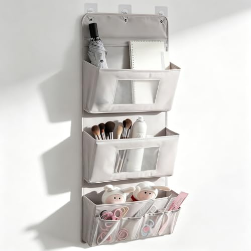 Organizador colgante de 3 capas, estante para puerta para colgar, 40 x 90 cm, organizador de pared plegable de tela Oxford con 3 bolsillos y 3 ganchos, organizador de puerta sin taladrar
