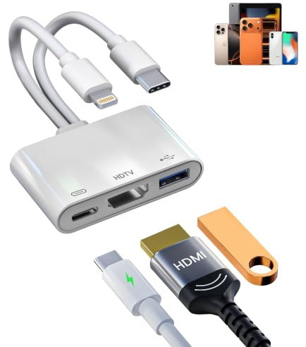 Adaptateur 3 en 1 USB-C et Lightning vers HDMI et adaptateur OTG pour iPhone iPad – Adaptateur AV numérique MFi Apple Lightning 1080p avec ports de charge et clé USB pour iPhone 17-6/iPad vers