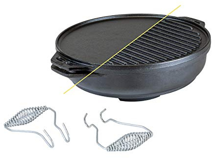 Lodge Cast Iron Cook-It-All Kit. Five-Piece Cast Iron Set includes a Reversible Grill/Griddle 14 Inch, 6.8 Quart Bottom/Wok, Two Heavy Duty Handles, and a Tips & Tricks Booklet.