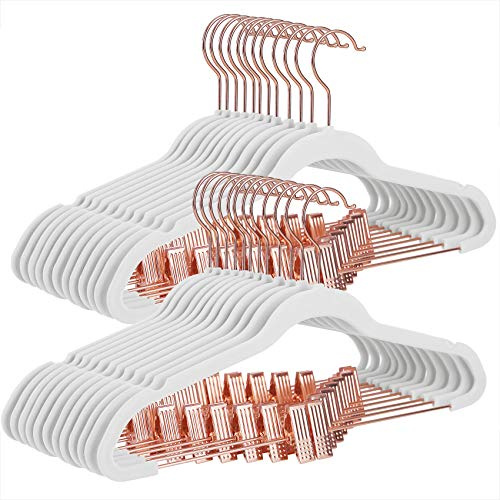 SONGMICS Grucce Pantaloni con Pinze, 24 Pezzi, 42 cm, Appendini con Pinze Regolabili e Gancio Color Oro Rosa, Appendiabiti in Velluto Antiscivolo, Salvaspazio, per Gonne, Bianco CRF014W01